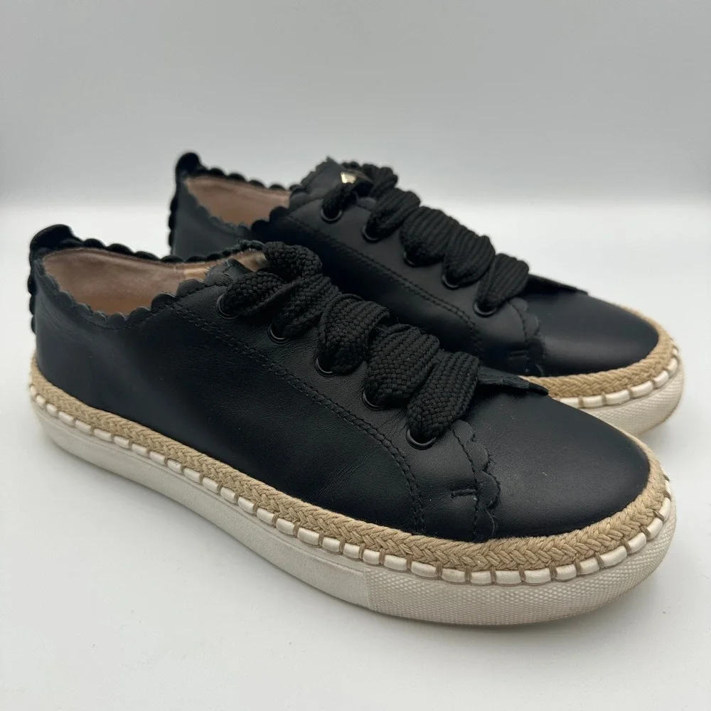 Kate Spade New York Lena Black Leather Sneakers Chunky Laces Scalloped Chic Sz 5